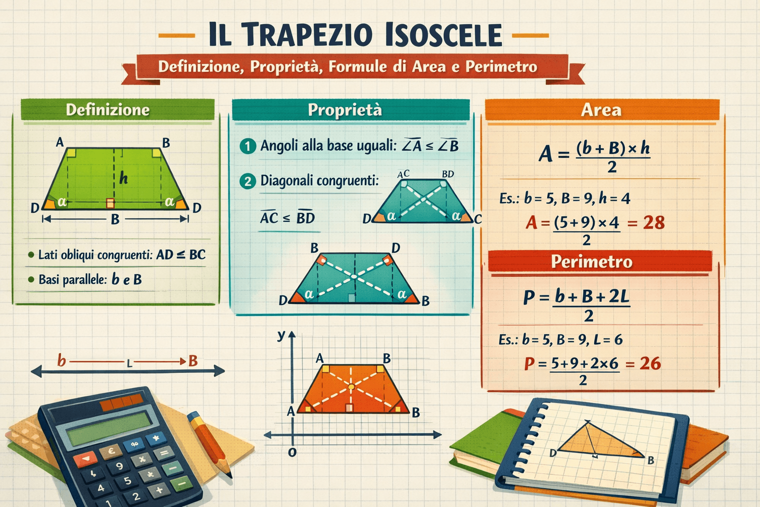 Trapezio Isoscele: Formule Area, Perimetro e Proprietà