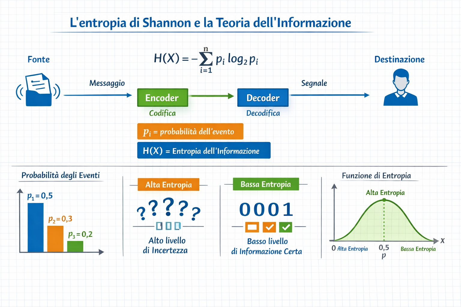 Equazione dell'entropia di Shannon confrontata con l'entropia termodinamica nella teoria dell'informazione.