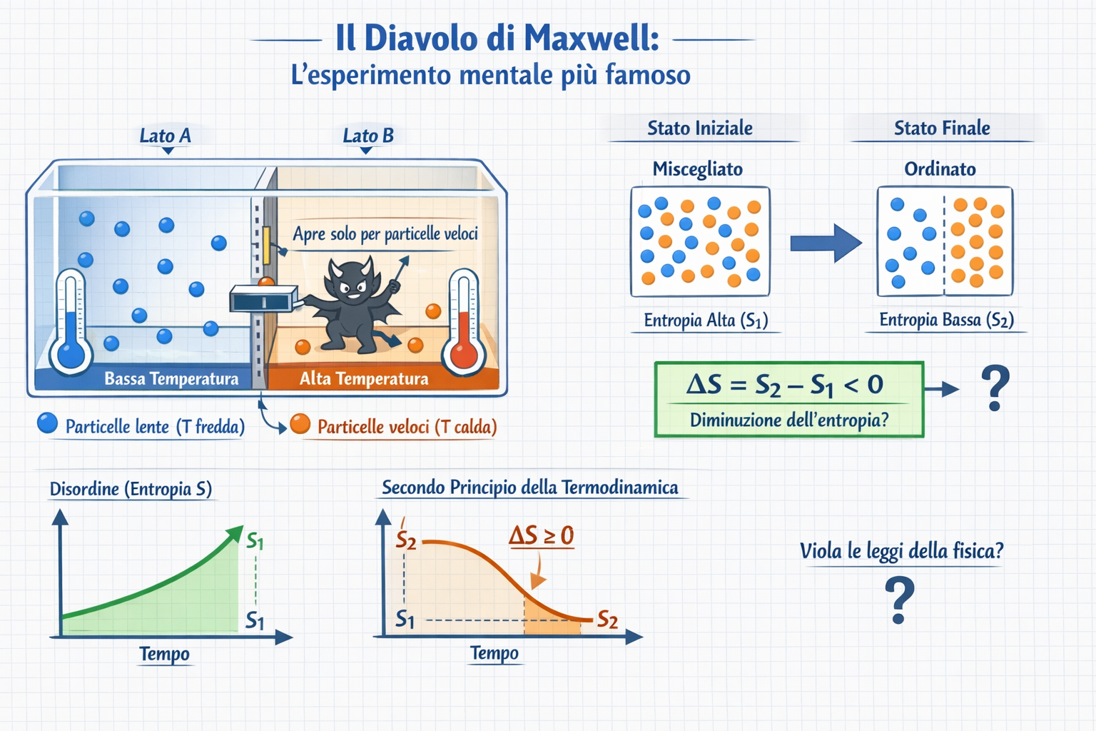 Il Diavolo di Maxwell separa molecole veloci e lente tra due camere, riducendo l'entropia termodinamica.