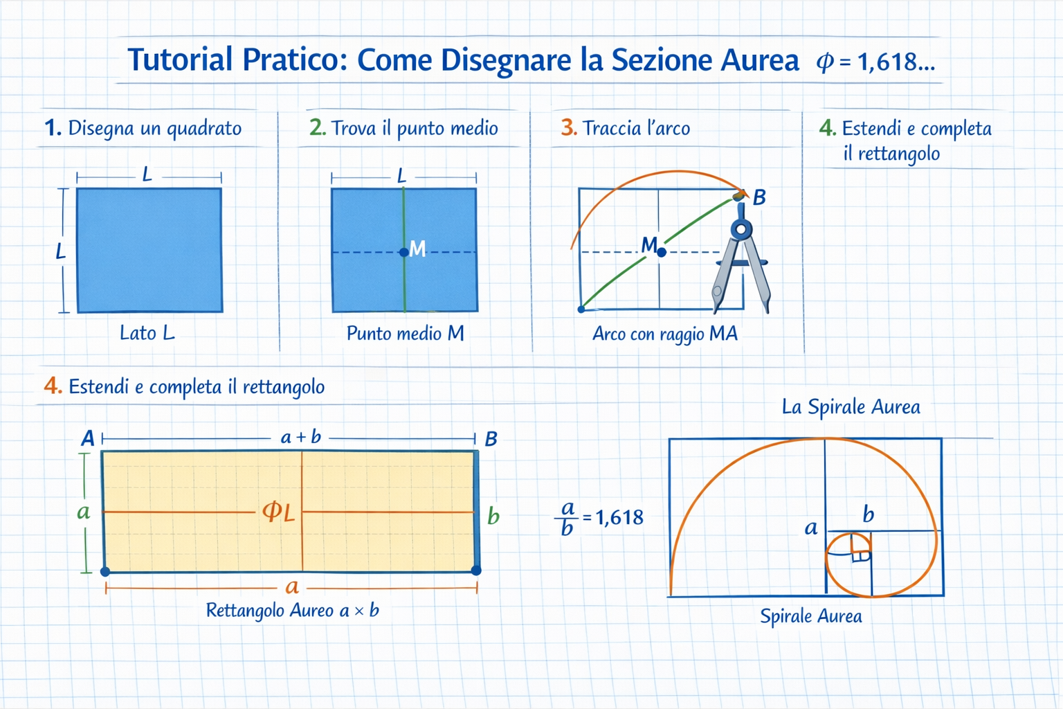 Disegno passo passo della sezione aurea per tracciare il rettangolo aureo e la spirale logaritmica.